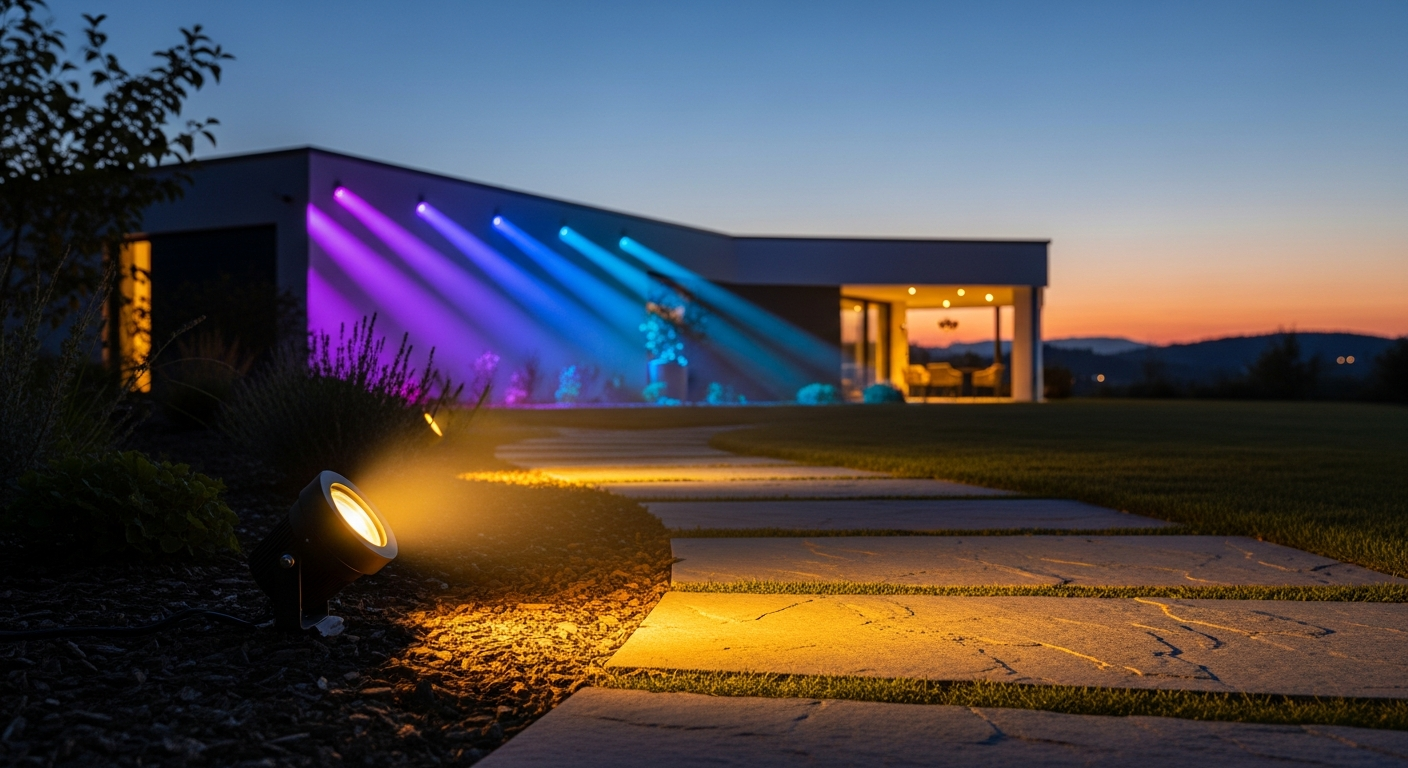 Flyachilles Outdoor Waterproof RGB LED Landscape Spot Light illuminating a tree with vibrant color-changing effects