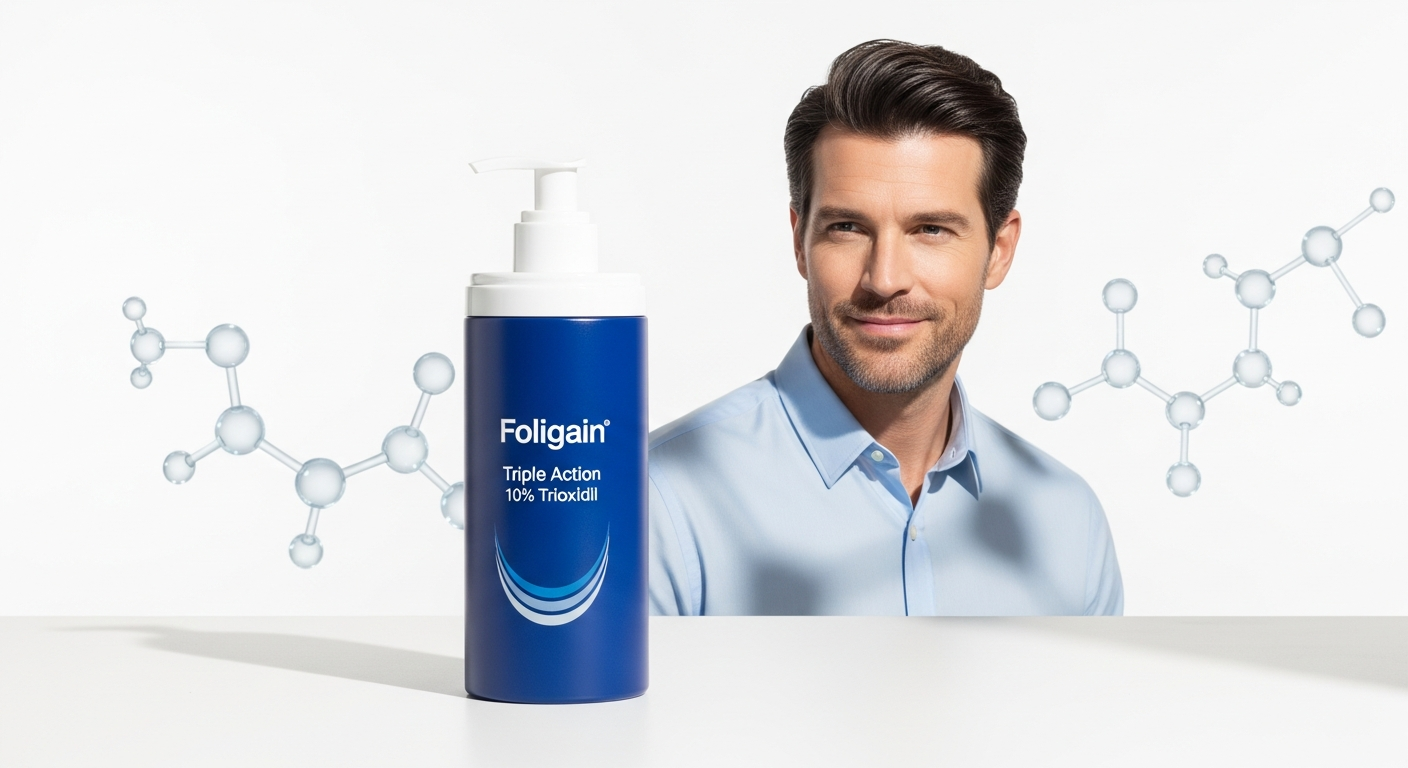 Foligain Triple Action 10% Trioxidil formula bottle with clinical hair regrowth results displayed