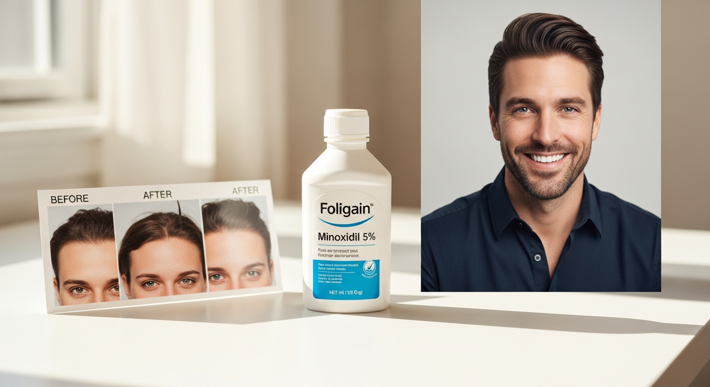 Foligain Minoxidil 5% hair regrowth treatment bottle displayed with before and after hair density comparison images