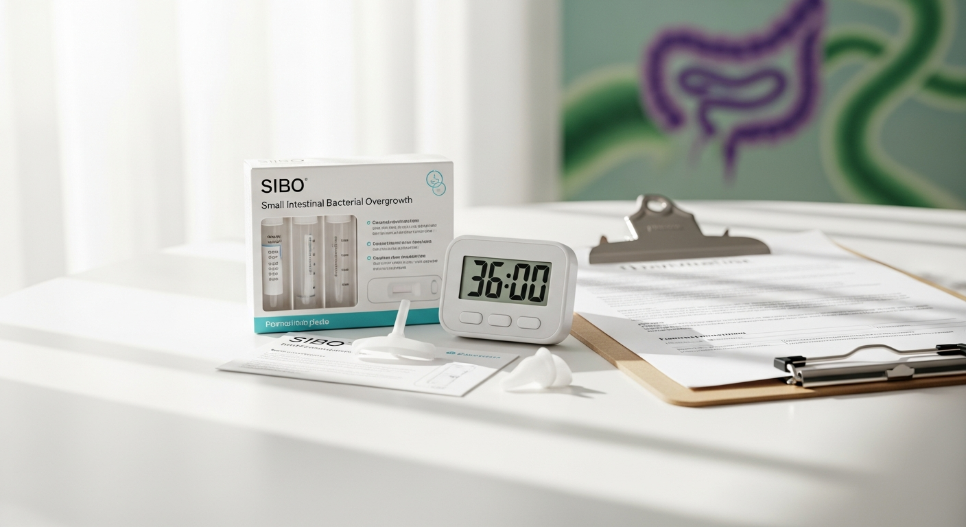 GI Cognition SIBO home test kit with breath collection containers and testing solution on white background