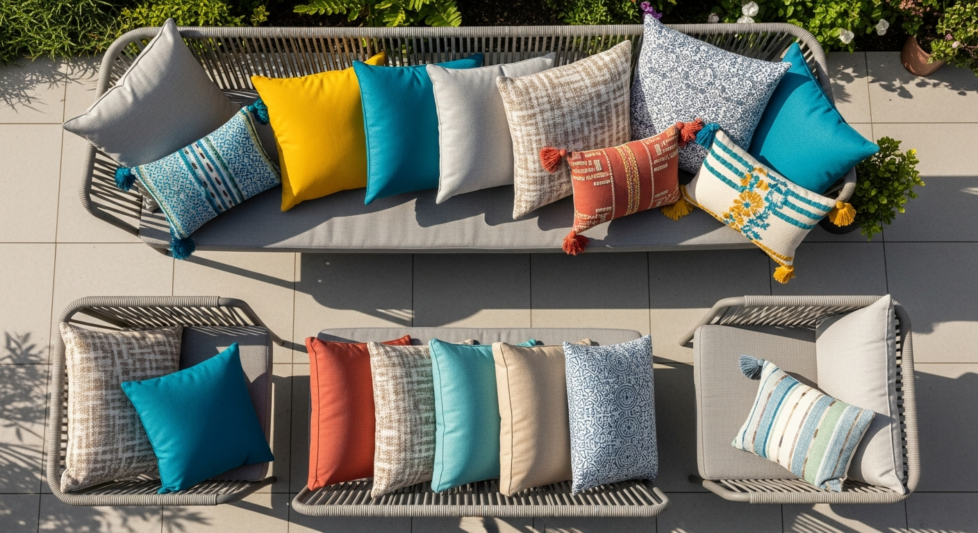 Gardenista outdoor garden cushions displayed on a modern patio seating arrangement with vibrant colors
