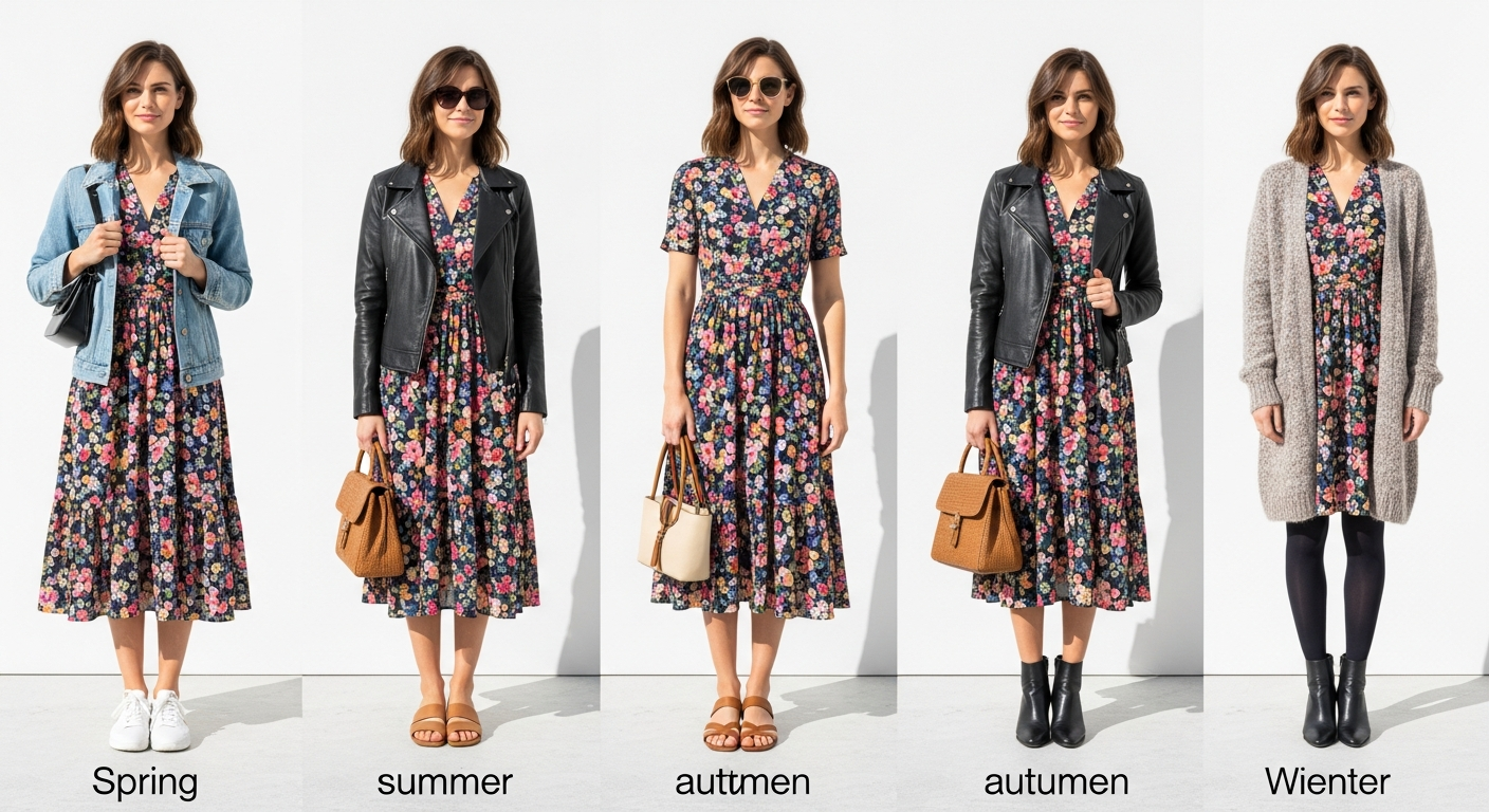 Gini London floral print midi dress styled with layering pieces across four seasons