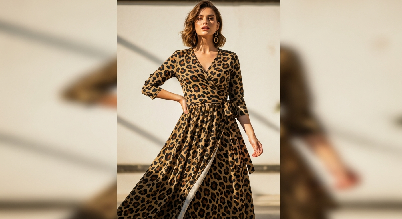 Khaki animal print wrap maxi dress with short sleeves on confident woman modeling