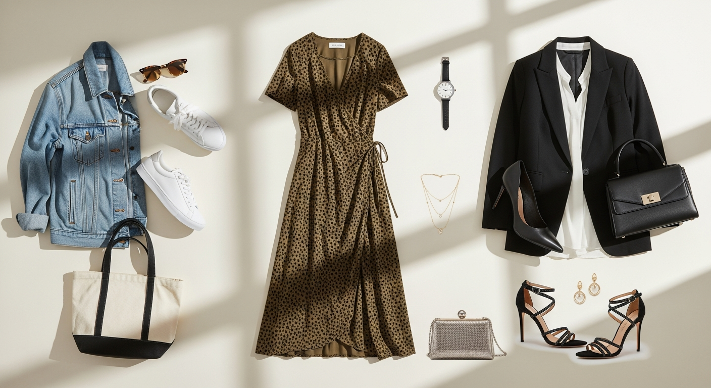 Khaki animal print wrap midi dress styled for professional and casual occasions