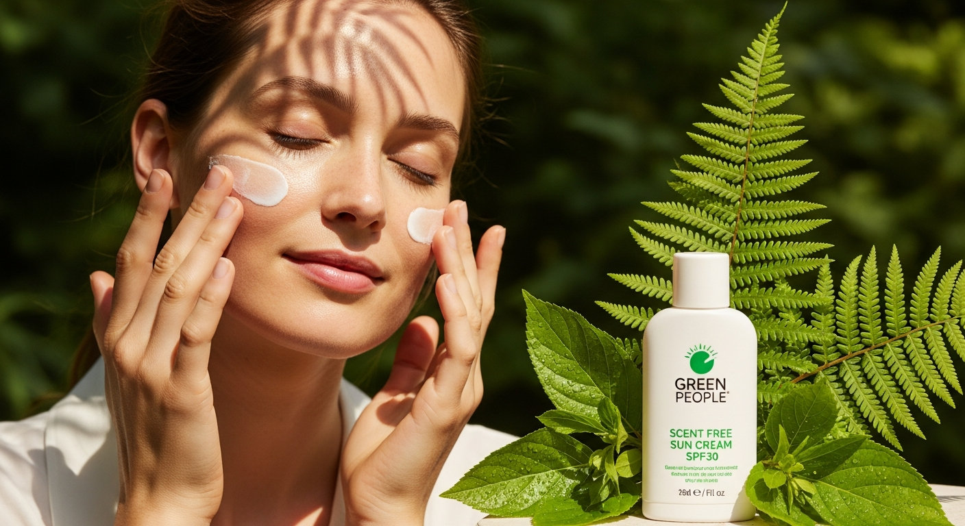 Green People Scent Free Sun Cream SPF30 bottle displayed with organic ingredients and sun protection elements