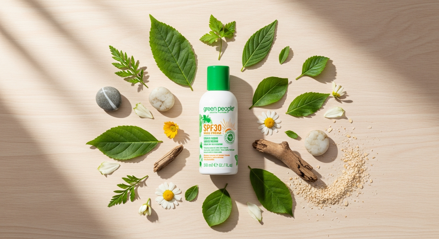 Green People Scent Free Sun Cream SPF30 bottle displayed with organic ingredients and reef-safe certification badge