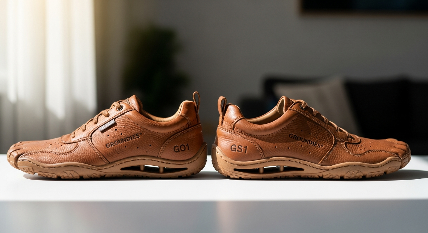Groundies Nova barefoot leather sneakers showing GO1 and GS1 sole comparison side by side
