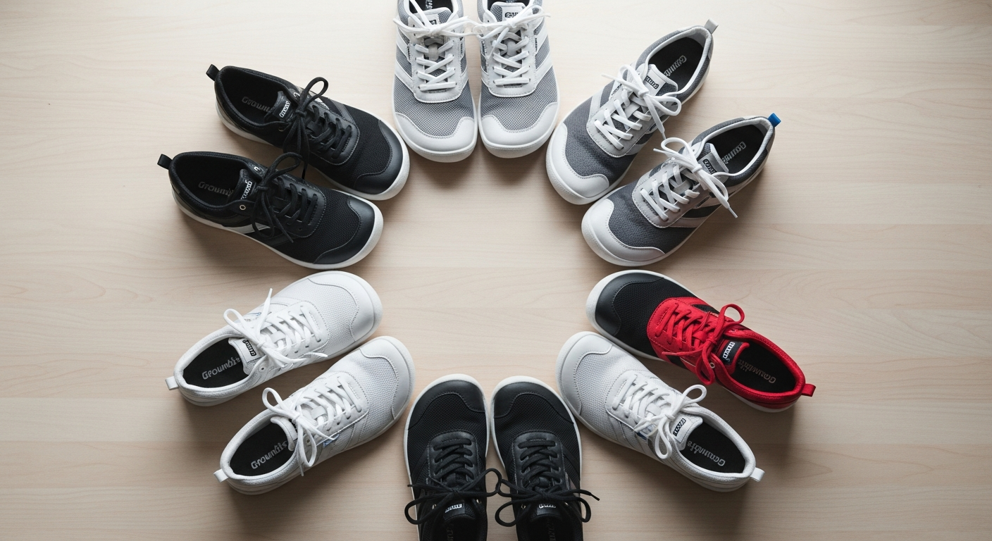 Groundies Nova barefoot sneakers showing GO1 and GS1 sole options side by side comparison