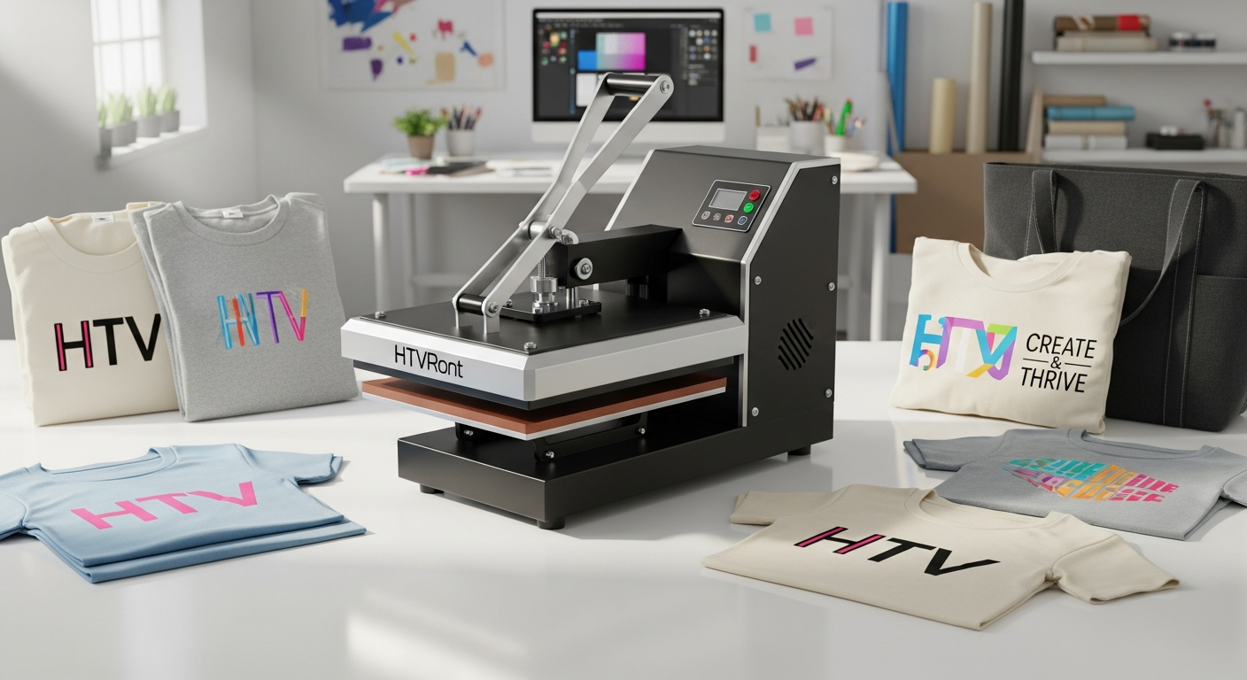 HTVRont Auto Heat Press Machine displaying digital controls and slide-out tray design for crafting