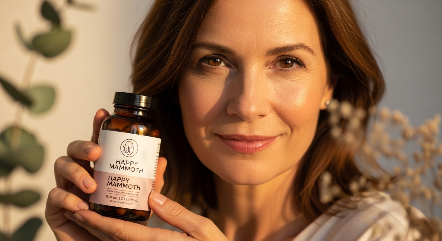 Happy Mammoth Hormone Harmony menopause supplement bottle with natural herbal ingredients displayed