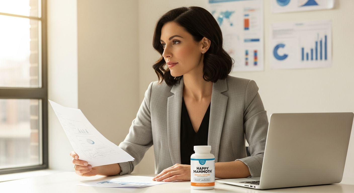 Happy Mammoth Hormone Harmony supplement bottle with natural herbs and adaptogens displayed