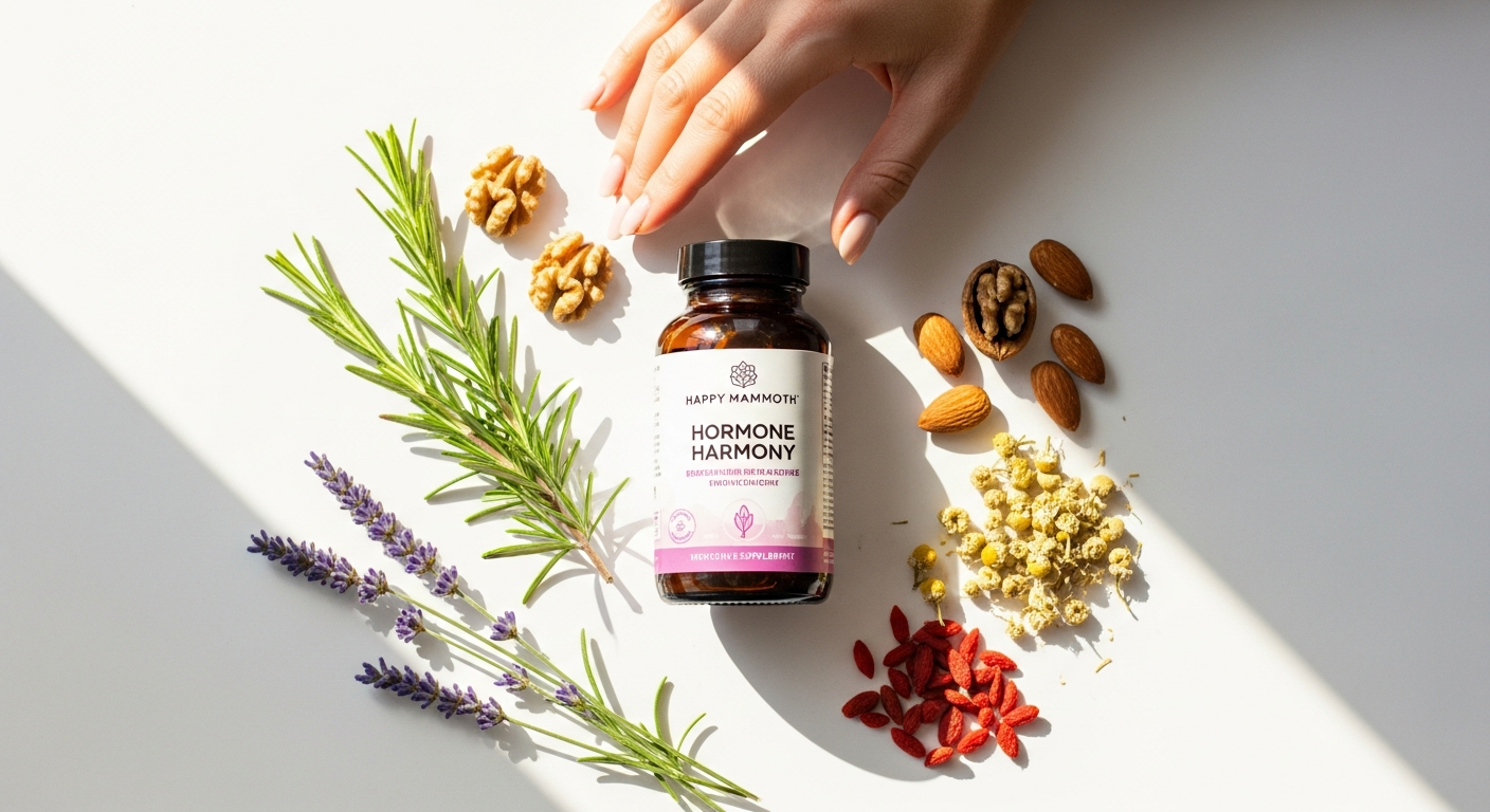 Happy Mammoth Hormone Harmony supplement powder container with natural botanical ingredients displayed