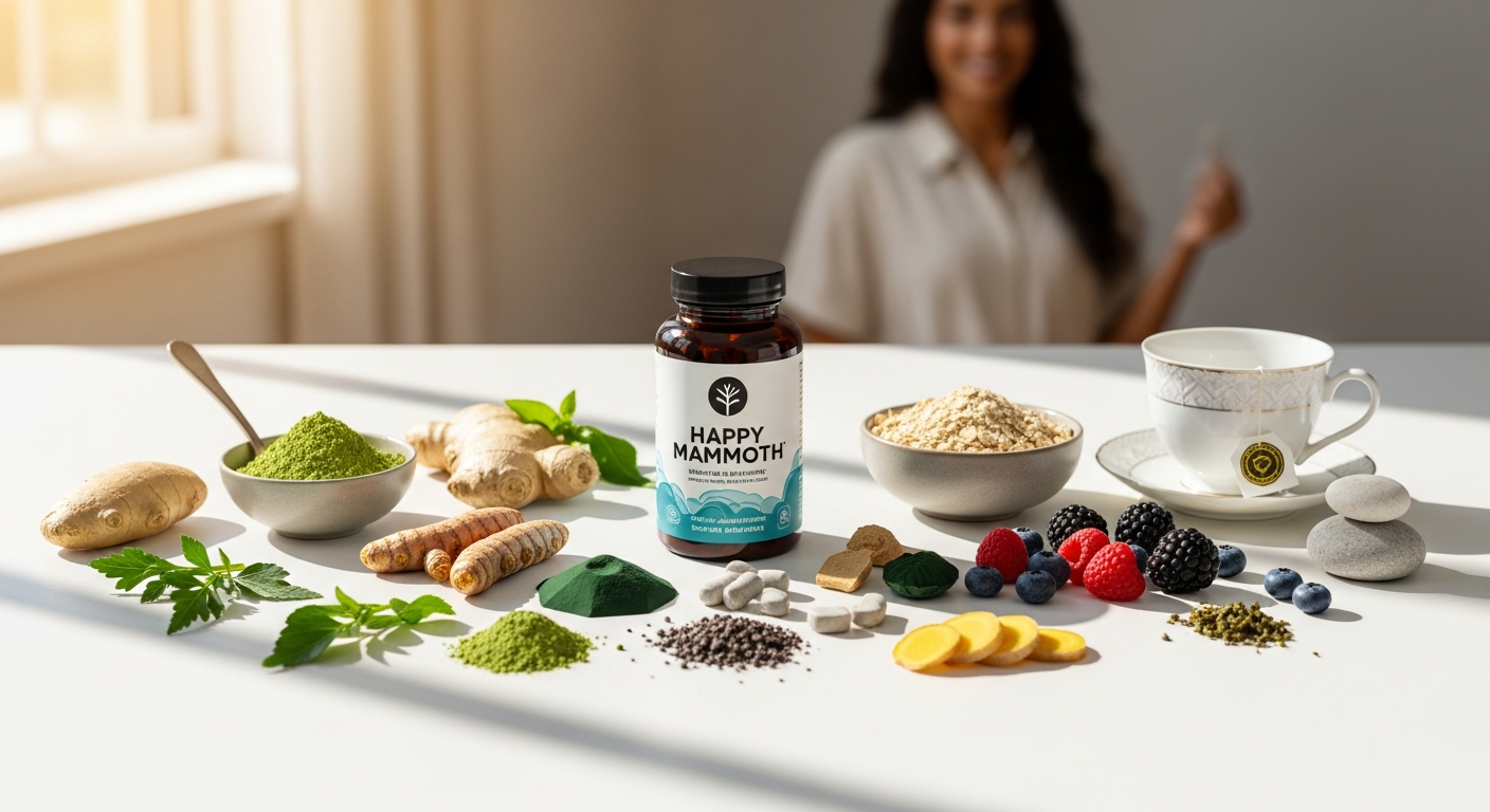 Happy Mammoth Hormone Harmony supplement bottle with adaptogenic herbs and natural ingredients for women's hormonal health