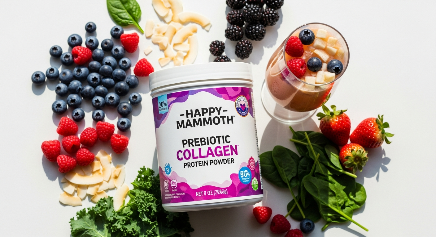Happy Mammoth Prebiotic Collagen Protein Powder container displayed with fresh ingredients and glowing skin representation