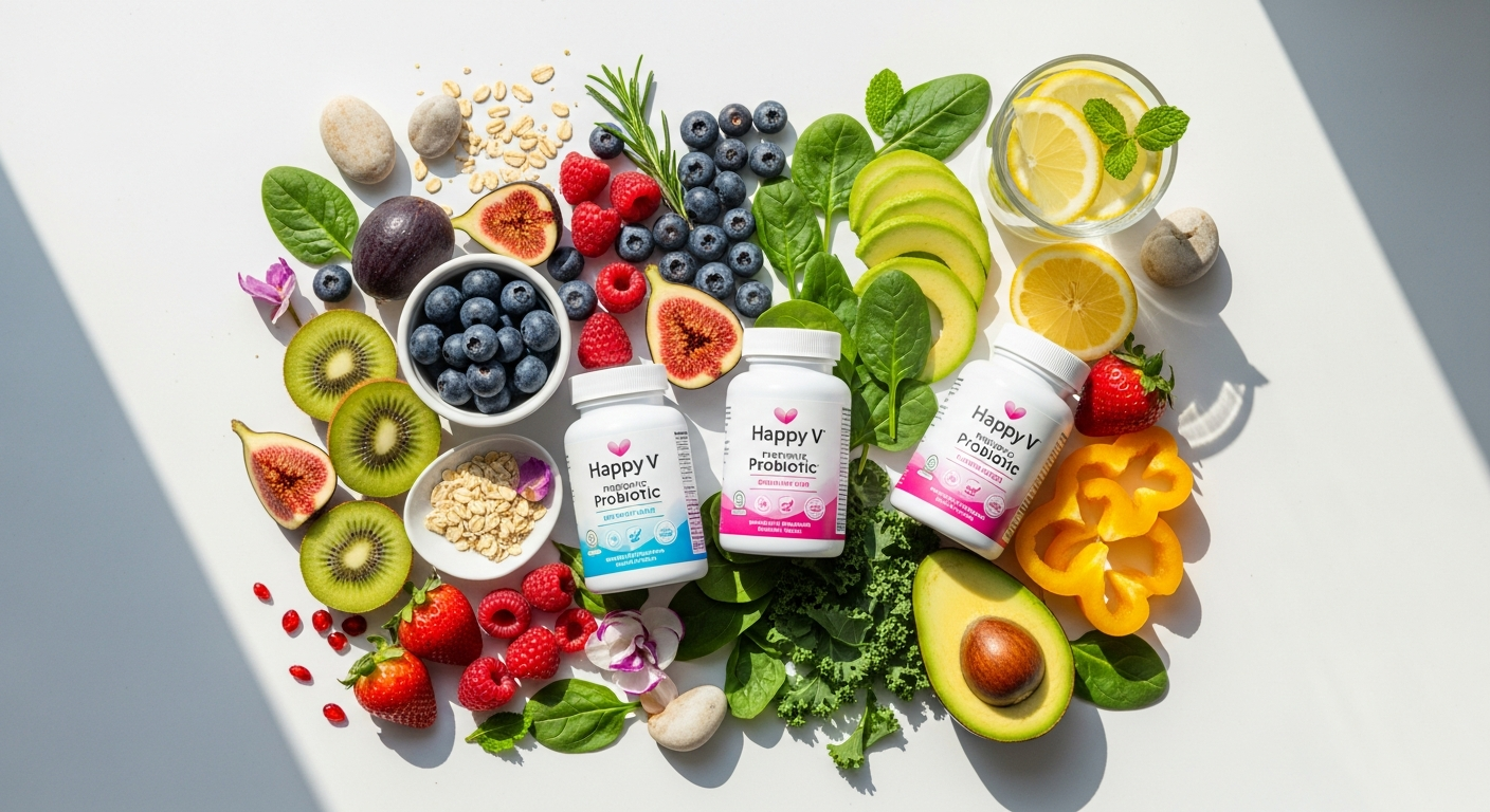 Happy V Prebiotic Probiotic supplement bottle with capsules displayed on white background