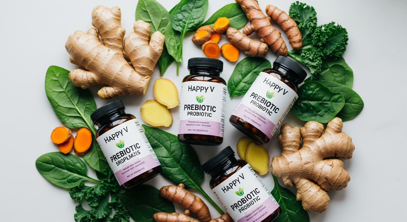 Happy V Prebiotic + Probiotic supplement bottle with capsules displayed on white background