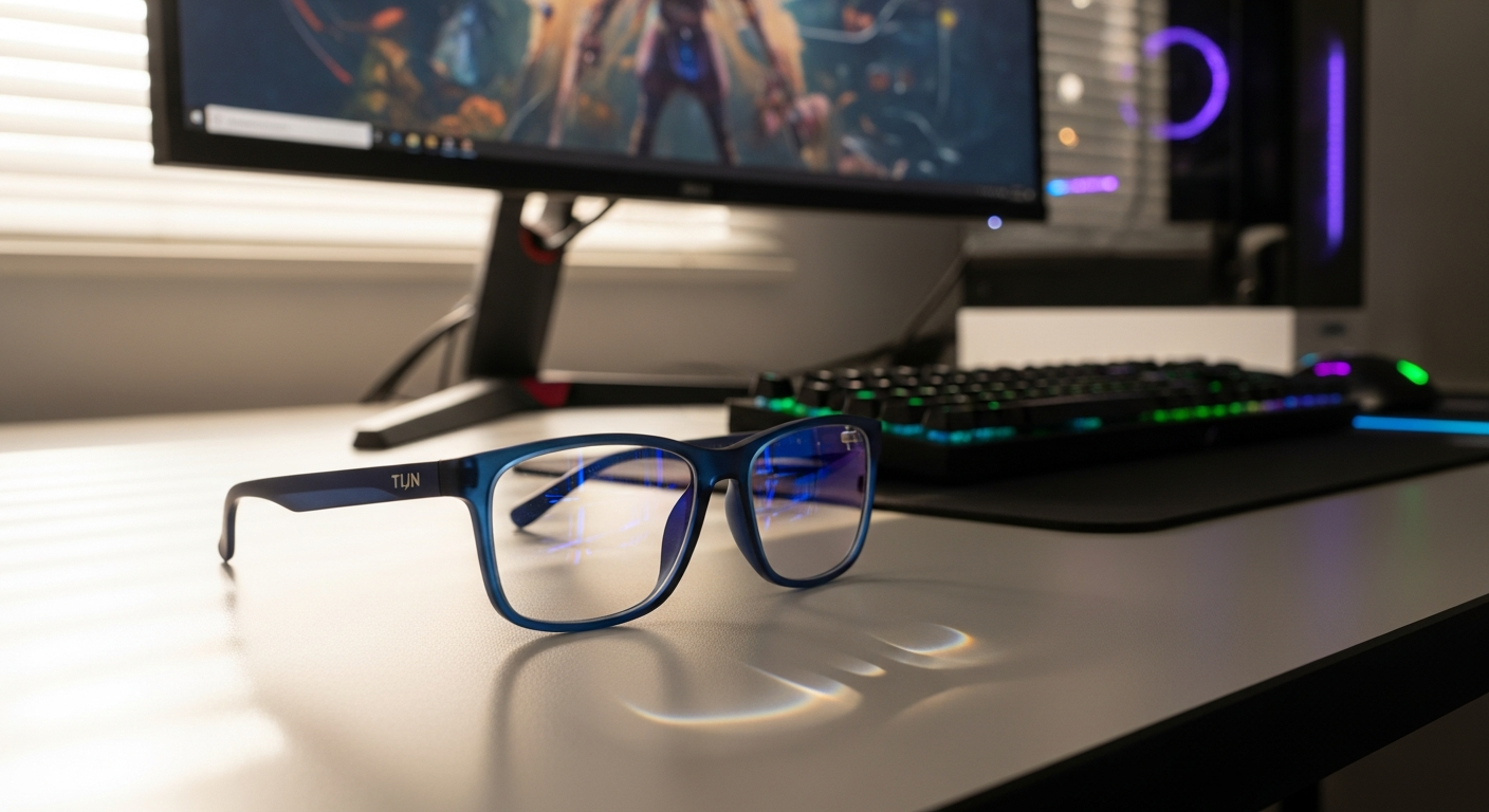 TIJN Olisa blue light blocking gaming glasses in whiskey tortoise color displayed on a gaming desk setup
