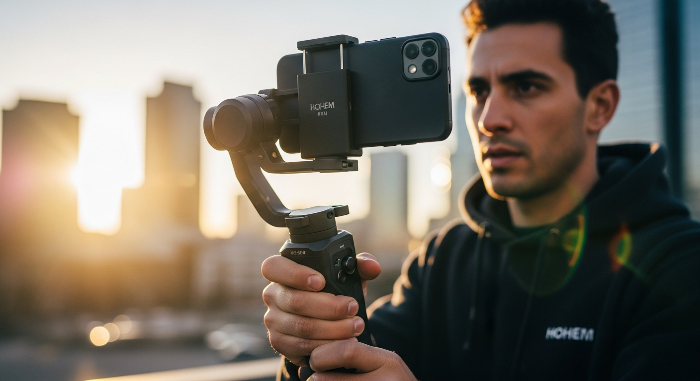 Hohem iSteady M7 AI smartphone gimbal with built-in OLED controller screen for mobile filmmaking