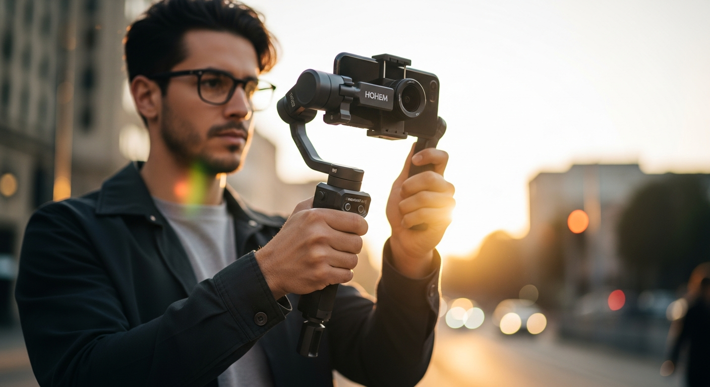 Professional smartphone gimbal stabilizer with AI tracking and built-in touchscreen monitor for mobile filmmaking