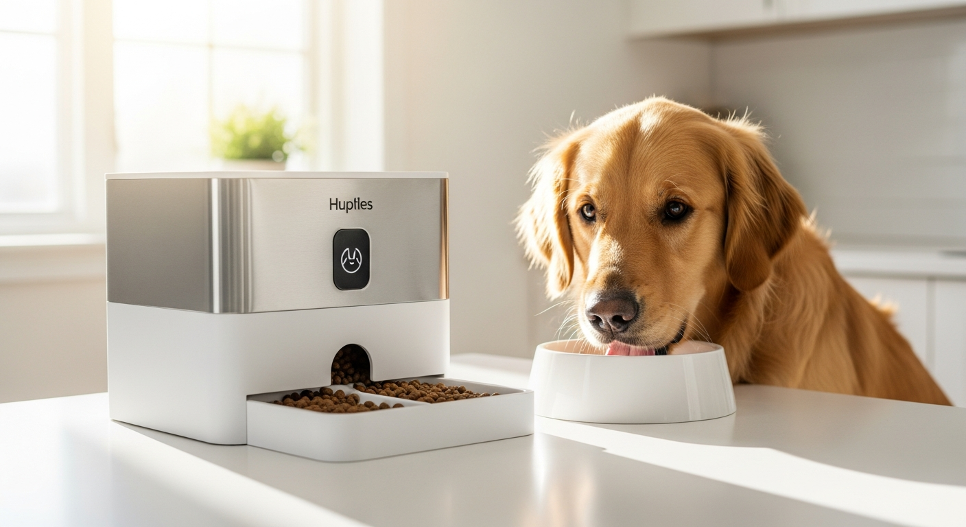 Modern stainless steel dog kibble dispenser with mid-century design in minimalist home setting
