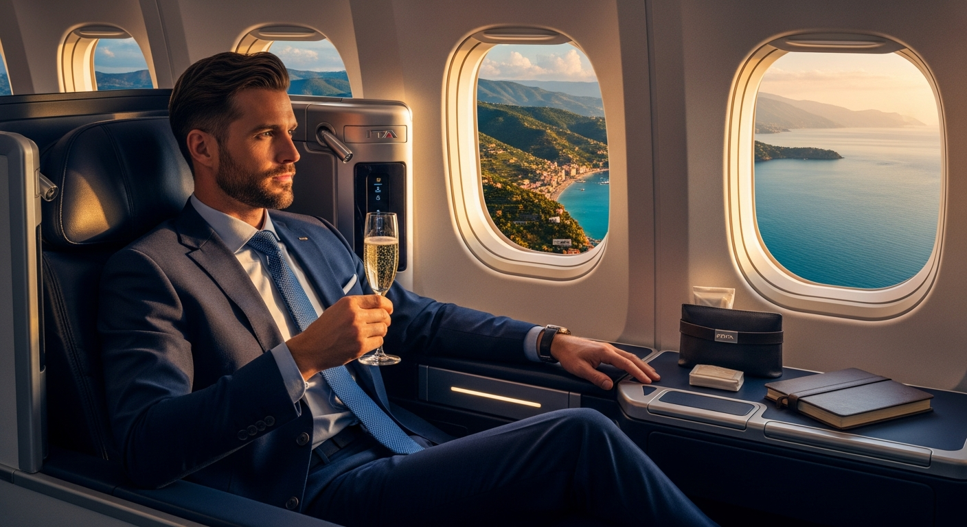 Modern Airbus aircraft cabin with lie-flat business class seats and Italian design