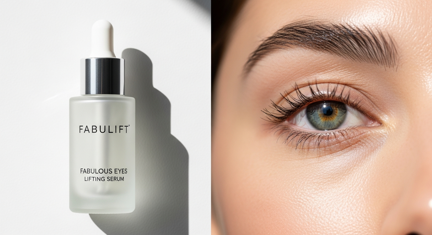 Fabulift Fabulous Eyes Lifting Serum bottle with applicator on white background