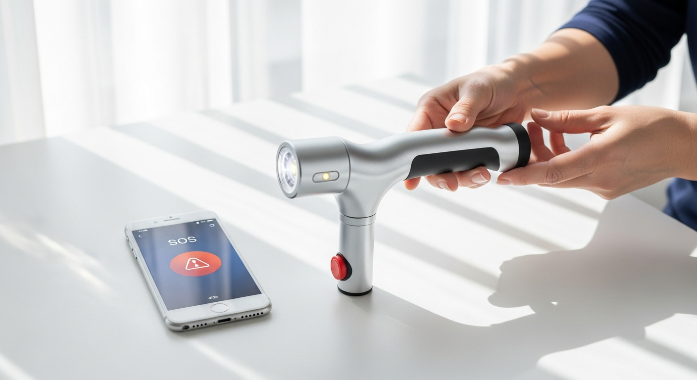 Smart Easy Up Cane with LED light and SOS alarm displayed with dual handles and anti-slip base