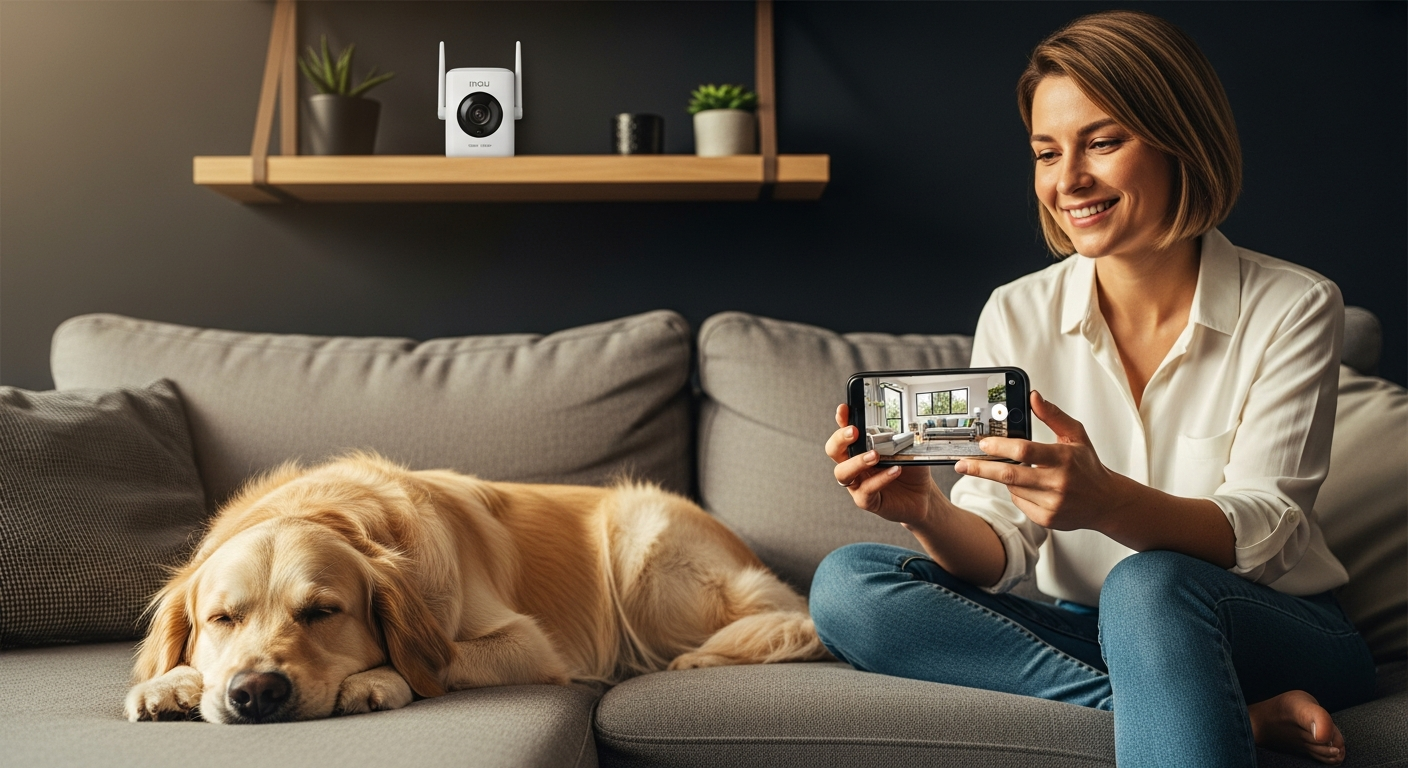 Imou Ranger 2C 4MP indoor security camera mounted on white wall monitoring pet in living room