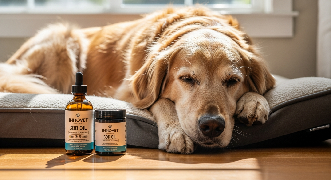 Senior golden retriever dog stretching on grass showing improved mobility and comfort