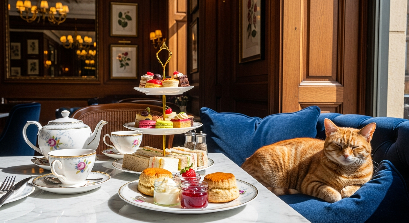 Luxury cat cafe afternoon tea service with pastries, tea, and rescue cats in elegant lounge setting