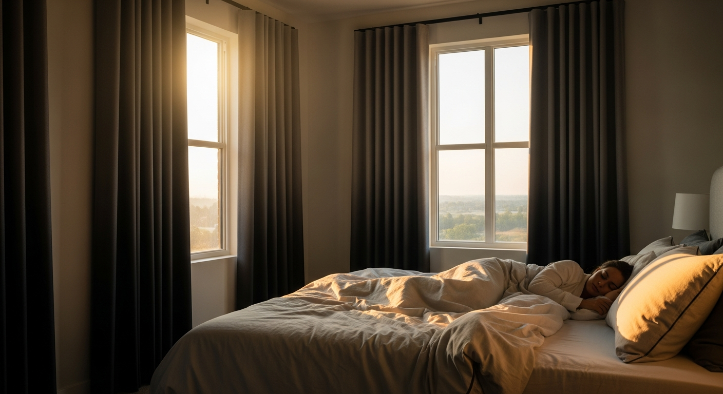 Joydeco thermal insulated blackout curtains hanging in a modern bedroom creating complete darkness for better sleep