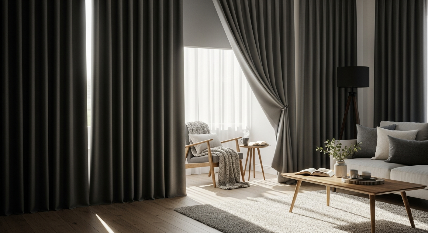 Joydeco 100% blackout thermal insulated curtains hanging on bedroom window with charcoal fabric