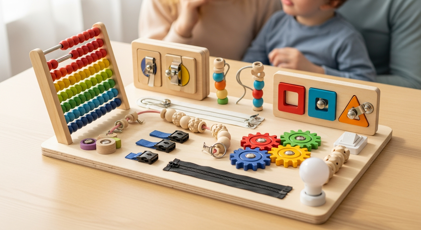 Colorful Joyreal Montessori sensory busy board with interactive elements and natural wood construction
