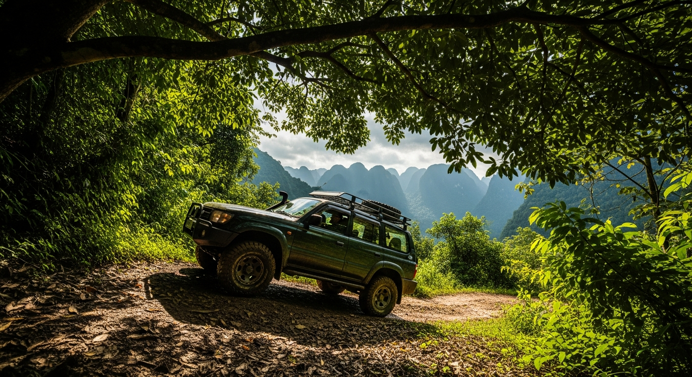4x4 SUV parked on rugged Costa Rica mountain terrain with rainforest backdrop