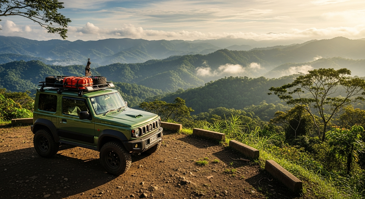 Suzuki Jimny 4x4 compact SUV parked on a remote Costa Rican jungle road surrounded by lush vegetation