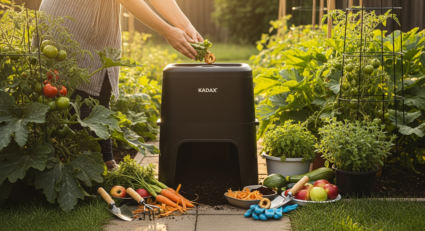 Kadax Nybro 860L black garden composter with modular design in residential garden setting