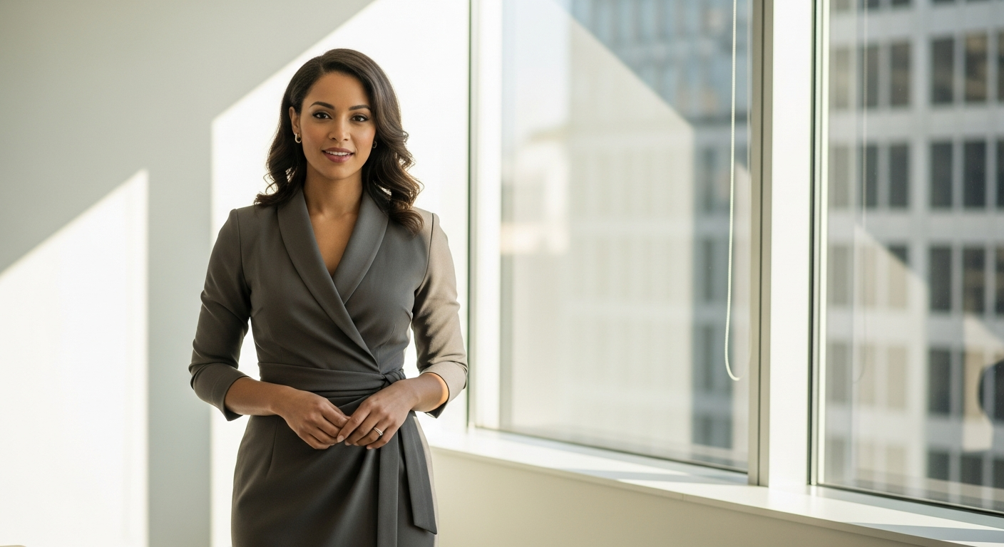 Kiyonna Essential Wrap Dress in professional office setting showcasing flattering silhouette and polished appearance