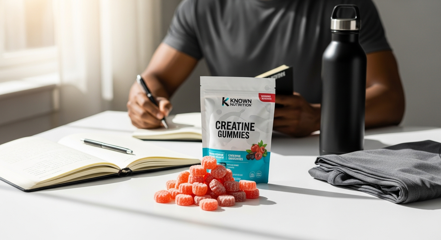 Known Nutrition Creatine Gummies in multiple flavors displayed with athletic and professional performance imagery