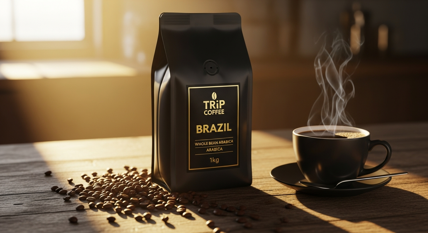 Trip Coffee Brazil 1kg whole bean coffee package with medium roasted Arabica beans displayed