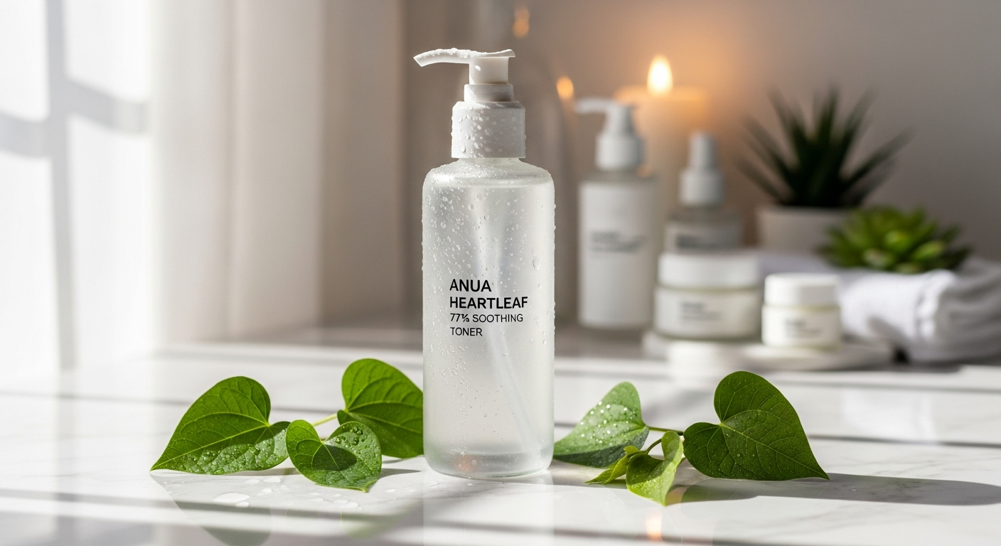 Anua Heartleaf 77% Soothing Toner bottle displayed with heartleaf botanical ingredients and acne-prone skin benefits highlighted