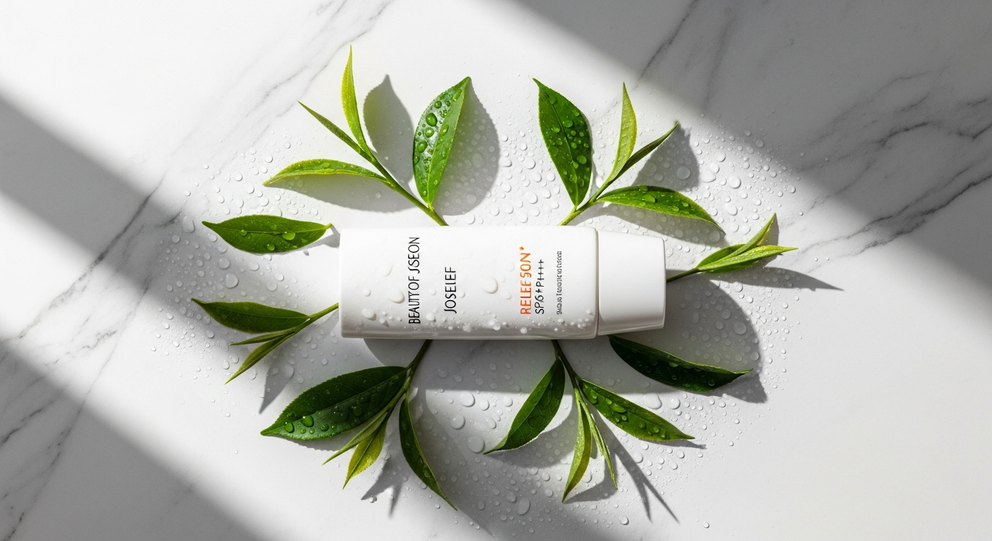 Beauty of Joseon Relief Sun SPF50+ PA++++ Korean sunscreen bottle with rice and probiotic ingredients displayed