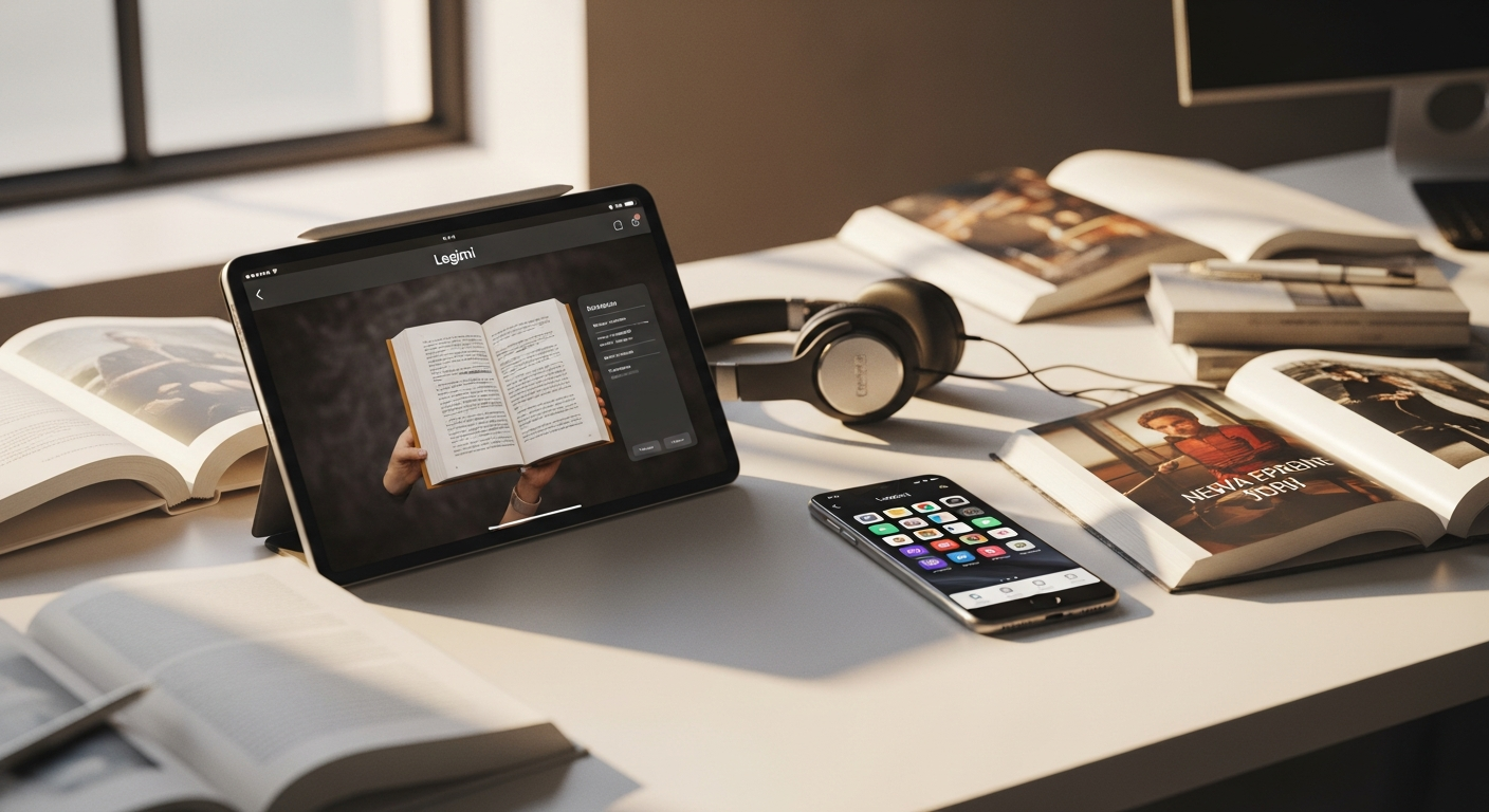 Legimi unlimited ebook and audiobook subscription interface displayed across smartphone tablet and e-reader devices