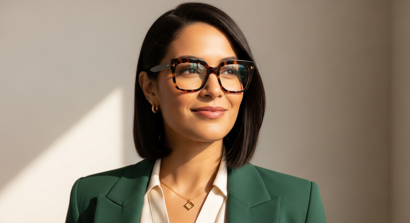 Woman wearing stylish square frame glasses in multiple color options showcasing face shape compatibility