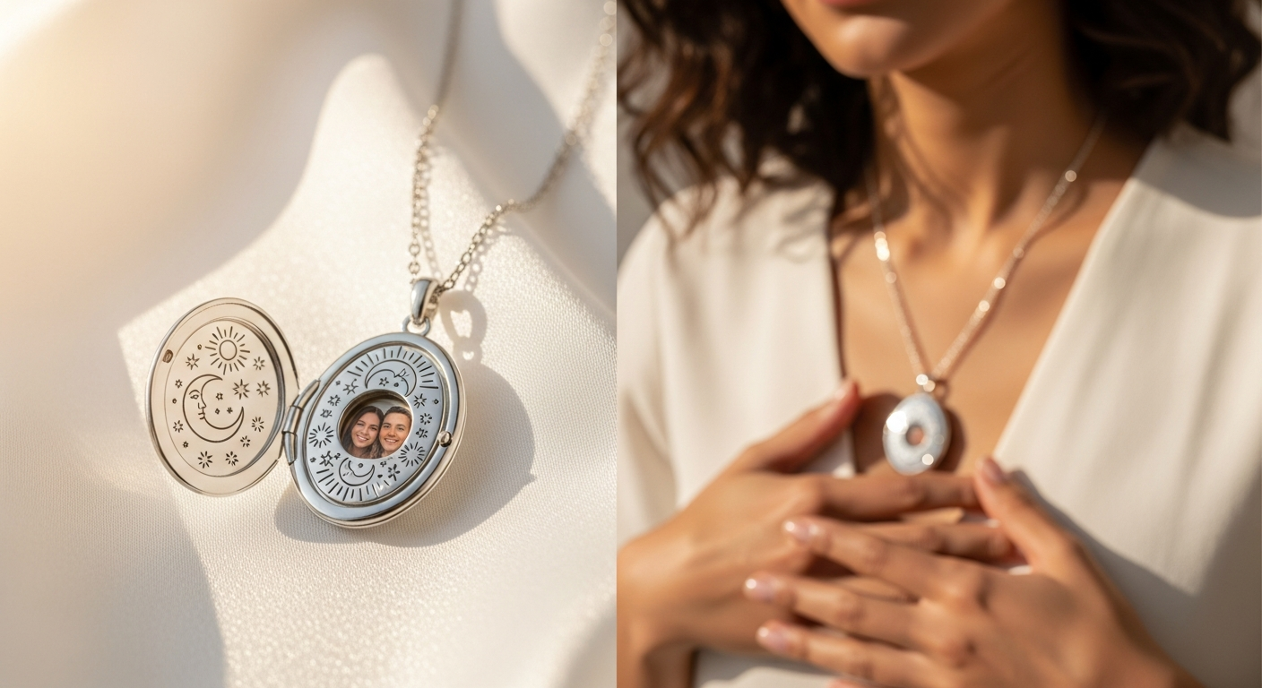 Personalised celestial oval locket necklace with starburst design and rope chain displayed on white background