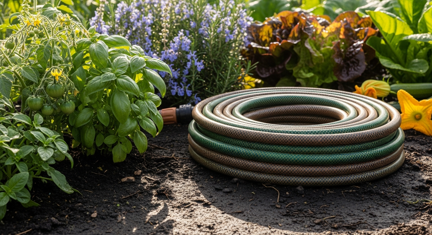 LIVLIG Design Garden Hose in Graceful Green color displayed in a modern sustainable garden landscape setting