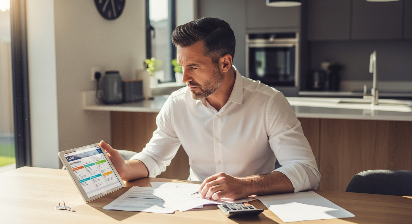 UK homeowner reviewing secured loan documents with property equity calculator and mortgage paperwork on desk
