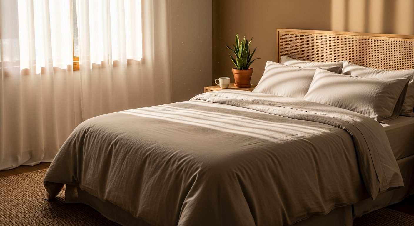 Luxurious white microfiber duvet on modern bed with sustainable eco-friendly bedding