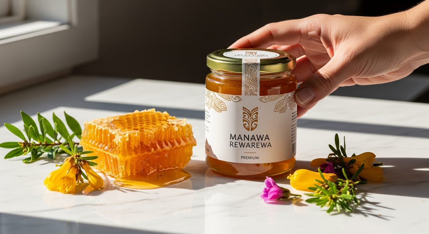 Manawa Rewarewa Honey jar displaying deep reddish-amber color from New Zealand native forests