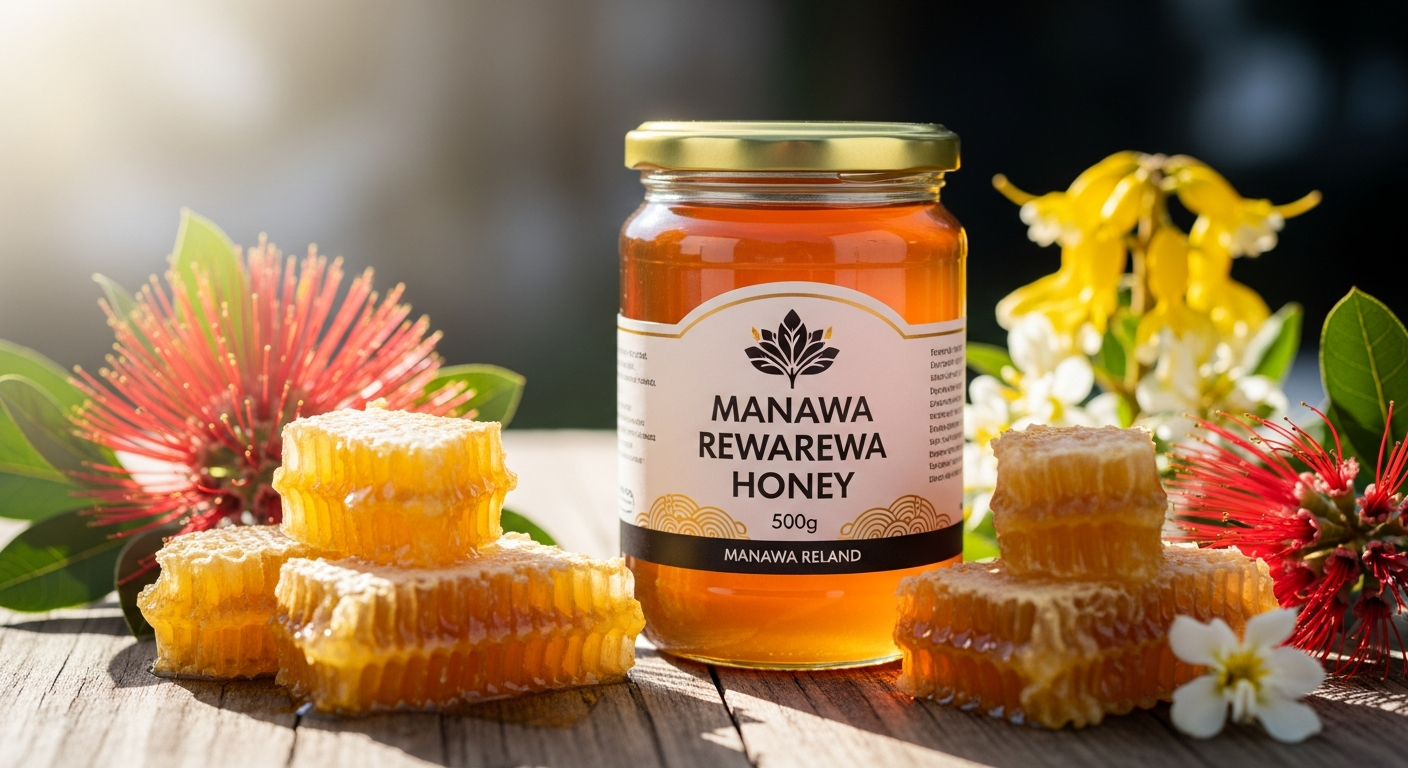 Manawa Rewarewa Honey 500g jar with award-winning golden amber color displayed