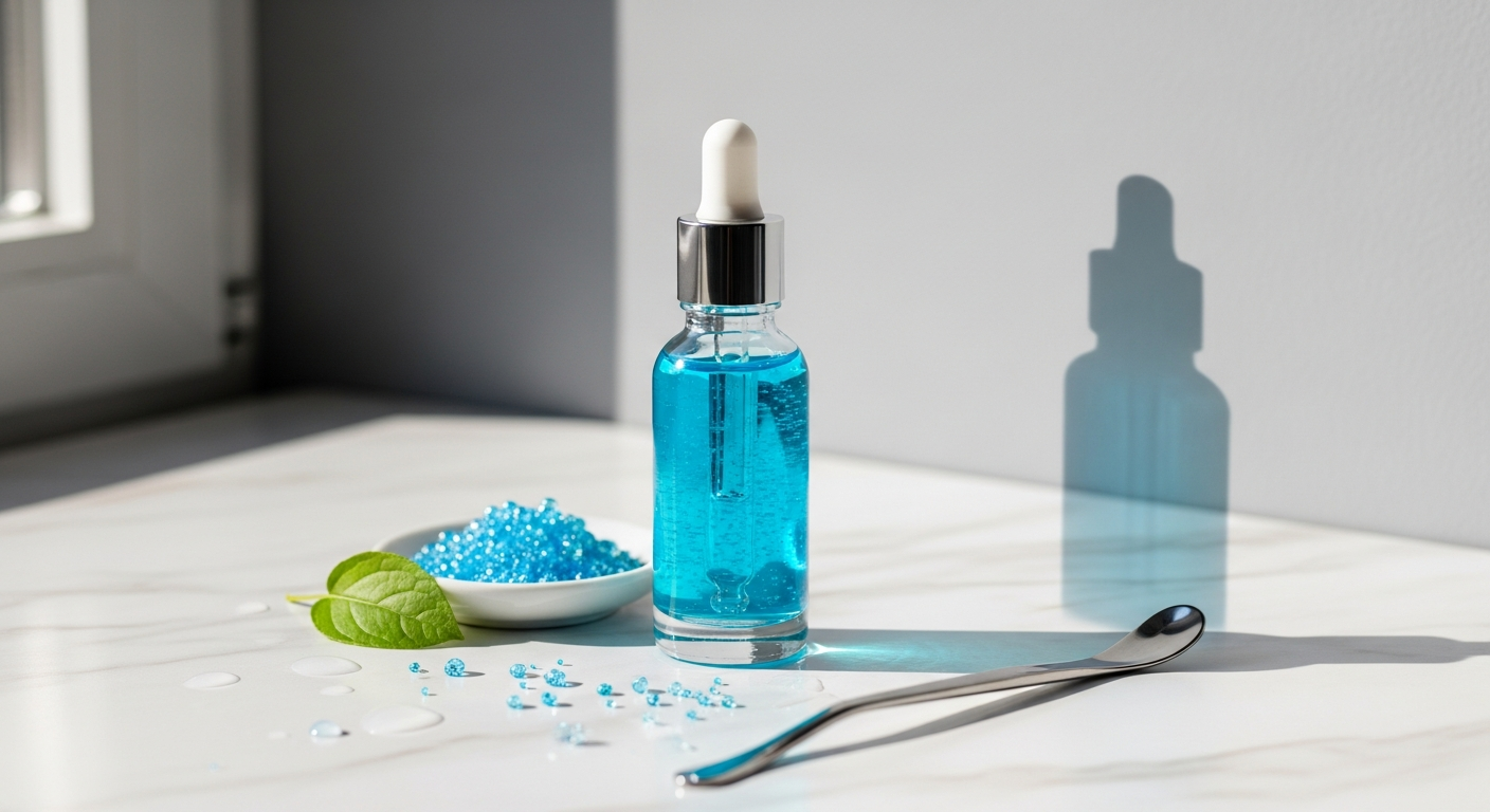 Blue Copper Peptide Repair Serum bottle displayed with scientific molecular structure and skincare ingredients background
